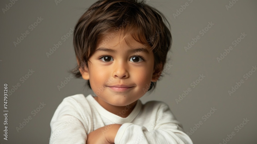 Young child with a joyful expression wearing a white long-sleeved shirt with brown hair and a soft smile set against a neutral gray background. Young child with a joyful expression wearing a white long-sleeved shirt with brown hair and a soft smile set against a neutral gray background.