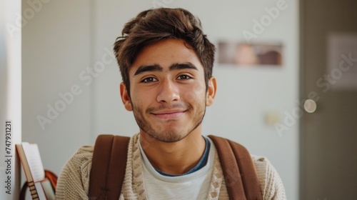 A young man with a beard wearing a sweater smiling at the camera with a backpack on.