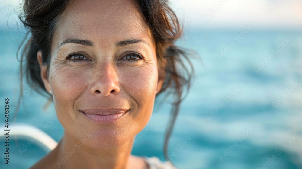 A woman with a radiant smile her eyes sparkling against a backdrop of serene blue water evoking a sense of joy and tranquility.