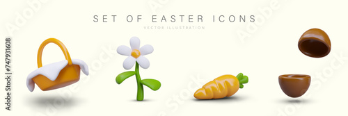 3D basket with white napkin, chamomile, carrot, shells of empty chocolate egg