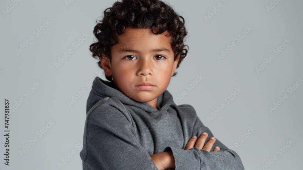 Young boy with curly hair wearing a gray hoodie standing with arms crossed looking directly at the camera with a serious expression. Young boy with curly hair wearing a gray hoodie standing with arms crossed looking directly at the camera with a serious expression.