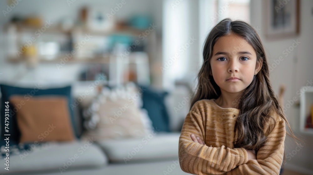 Young girl with long brown hair wearing a brown sweater standing in a cozy living room with her arms crossed looking directly at the camera. Young girl with long brown hair wearing a brown sweater standing in a cozy living room with her arms crossed looking directly at the camera.