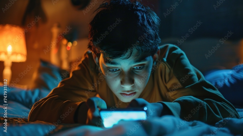 A young boy with dark hair wearing a yellow shirt lying in bed with a blue light from a screen illuminating his face.