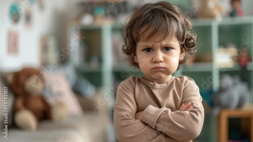 A young child with a pouty expression arms crossed standing in a cozy room with toys and furniture in the background.