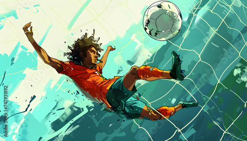 A digital drawing of amale soccer playerscoring a goal with a bicycle kickar74v60 Generative AI photo