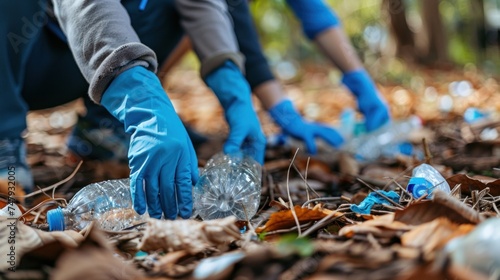 Three people wearing blue gloves picking up trash in a wooded area with fallen leaves.