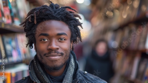 A young man with dreadlocks smiling at the camera wearing a scarf and a jacket standing in a bookstore with blurred bookshelves in the background. © iuricazac