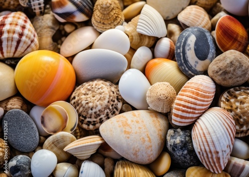 Collection of different Seashells and pebbles  as a background  texture or pattern. Travel and vacation concept with copy space. Spa Concept.