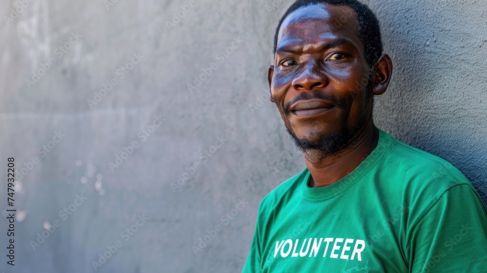 A man with a beard and mustache wearing a green t-shirt with the word 'VOLUNTEER A man with a beard and mustache wearing a green t-shirt with the word 'VOLUNTEER