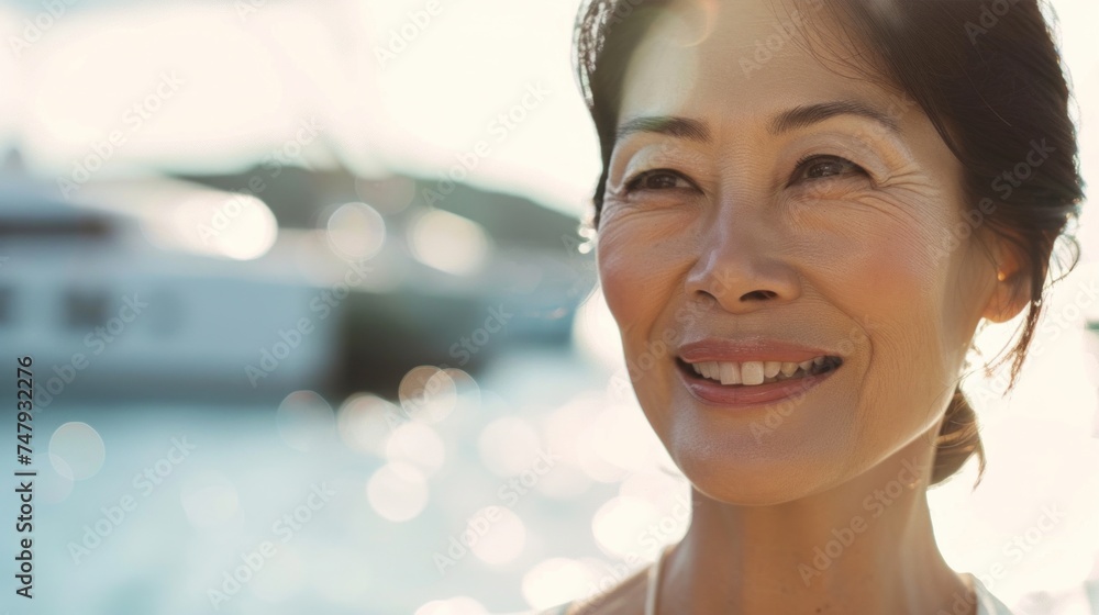 A woman with a radiant smile standing near a body of water with boats in the background bathed in soft sunlight. A woman with a radiant smile standing near a body of water with boats in the background bathed in soft sunlight.