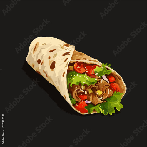 Appetizing shawarma on a dark background with meat and tomatoes in pita bread vector illustration. Burrito with chicken and vegetables on a dark background. Mexican shawarma