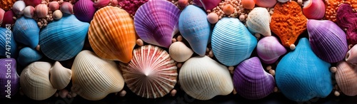 Collection of different colorful Seashells and pebbles as a background, texture or pattern. Travel and vacation concept with copy space. Spa Concept.