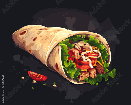 Appetizing shawarma on a dark background with meat and tomatoes in pita bread vector illustration. Burrito with chicken and vegetables on a dark background. Mexican shawarma