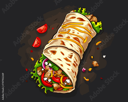 Appetizing shawarma on a dark background with meat and tomatoes in pita bread vector illustration. Burrito with chicken and vegetables on a dark background. Mexican shawarma