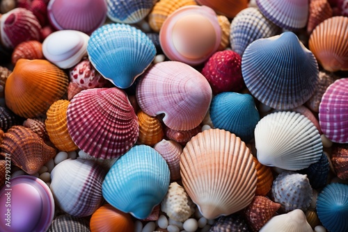 Collection of different colorful Seashells and pebbles as a background, texture or pattern. Travel and vacation concept with copy space. Spa Concept.