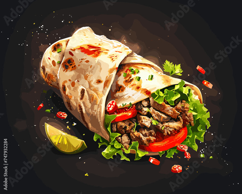 Appetizing shawarma on a dark background with meat and tomatoes in pita bread vector illustration. Burrito with chicken and vegetables on a dark background. Mexican shawarma
