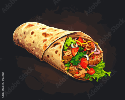 Appetizing shawarma on a dark background with meat and tomatoes in pita bread vector illustration. Burrito with chicken and vegetables on a dark background. Mexican shawarma