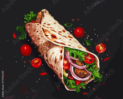 Appetizing shawarma on a dark background with meat and tomatoes in pita bread vector illustration. Burrito with chicken and vegetables on a dark background. Mexican shawarma