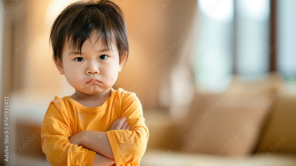 Young child with arms crossed frowning wearing yellow shirt standing in living room. Young child with arms crossed frowning wearing yellow shirt standing in living room.