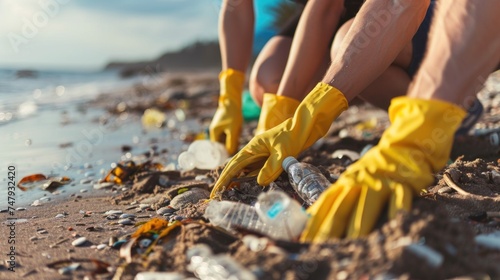 A group of people wearing yellow gloves are picking up trash on a beach demonstrating environmental stewardship.