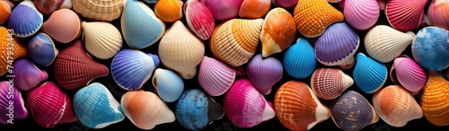 Collection of different colorful Seashells and pebbles as a background, texture or pattern. Travel and vacation concept with copy space. Spa Concept.