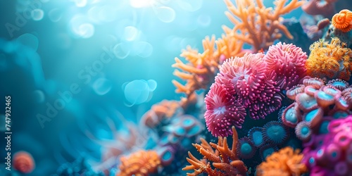 Vibrant corals of various types set against a mesmerizing blue backdrop. Concept Underwater Photography, Coral Reefs, Marine Life, Ocean Conservation, Colorful Ecosystems © Anastasiia
