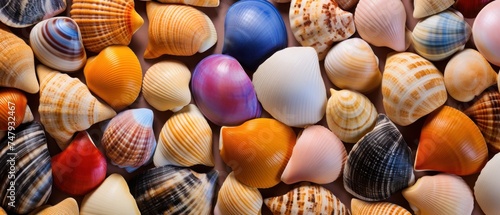 Collection of different colorful Seashells and pebbles as a background, texture or pattern. Travel and vacation concept with copy space. Spa Concept.