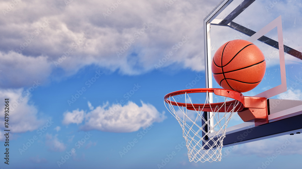 The basketball ball is passing through the hoop. The basketball ball is passing through the hoop.