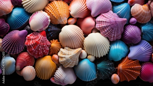 Collection of different colorful Seashells and pebbles  as a background  texture or pattern. Travel and vacation concept with copy space. Spa Concept.