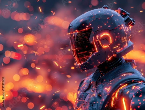 Futuristic Robot Soldier with Glowing Visor. A close-up of a futuristic robotic soldier's head with a glowing visor and illuminated circuit patterns, surrounded by sparks.