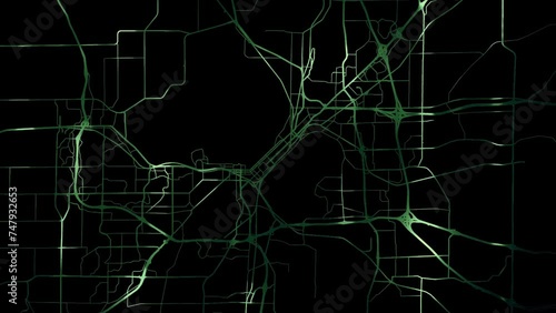 Zoom in road map of Madison Wisconsin with green glowing roads on a black background. photo