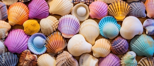 Collection of different colorful Seashells and pebbles  as a background, texture or pattern. Travel and vacation concept with copy space. Spa Concept. © John Martin
