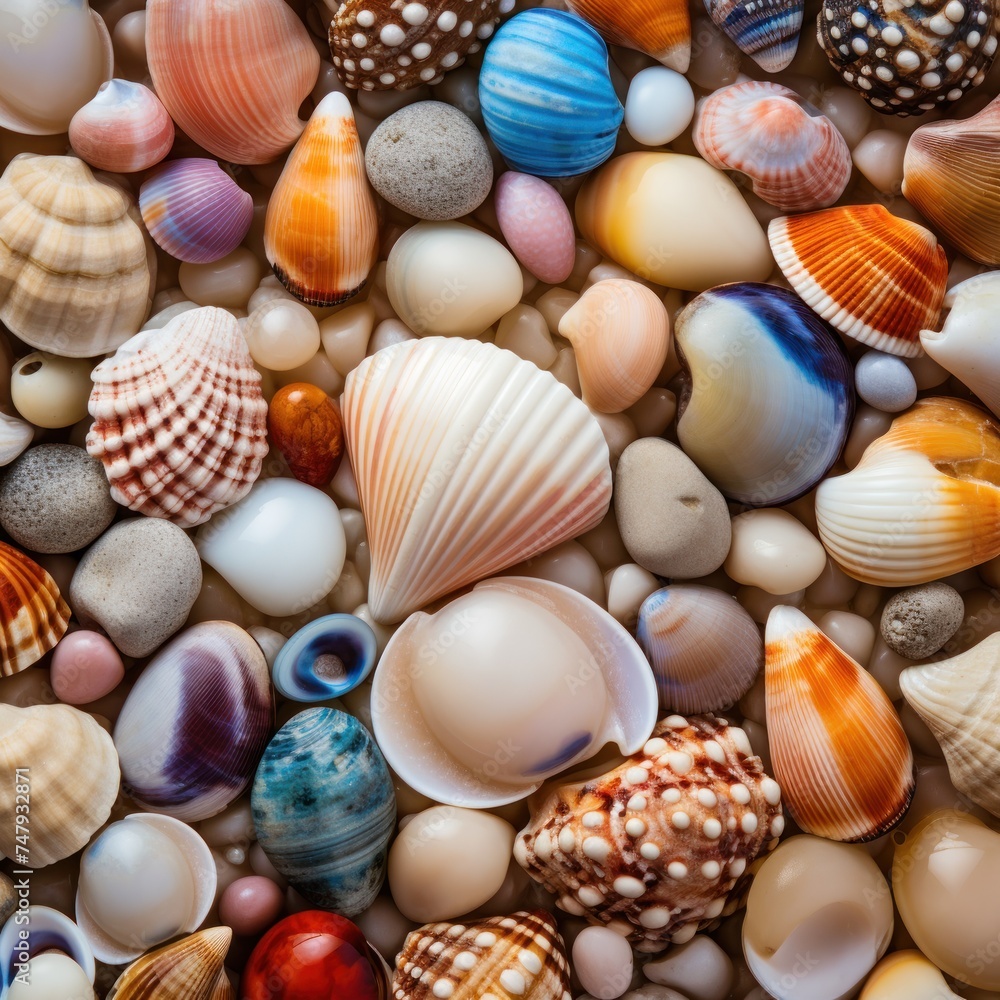 Collection of different colorful Seashells and pebbles  as a background, texture or pattern. Travel and vacation concept with copy space. Spa Concept.
