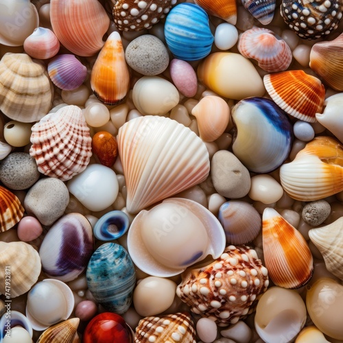 Collection of different colorful Seashells and pebbles  as a background  texture or pattern. Travel and vacation concept with copy space. Spa Concept.