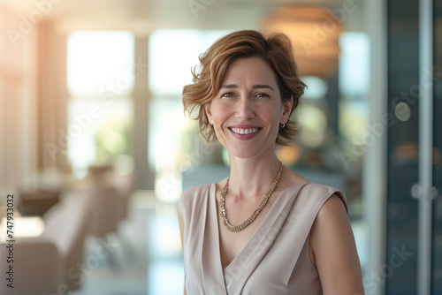 Charming professional businesswoman in elegant dress and necklace in bright modern office space