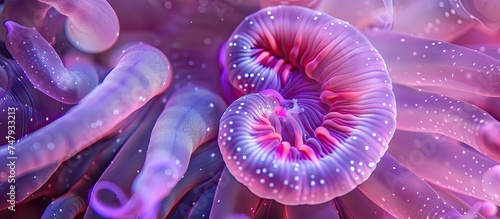 This close-up view showcases the vibrant colors of a purple and pink flower tube sea anemone, a tropical sea creature found in the Indo Pacific region. The intricate details of the tentacles and body photo