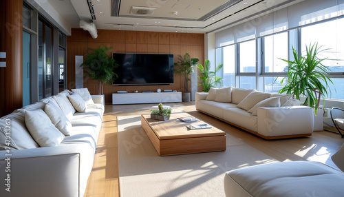A lounge area featuring a comfortable sofa and a television offers a homely environment for breaks in an open space office