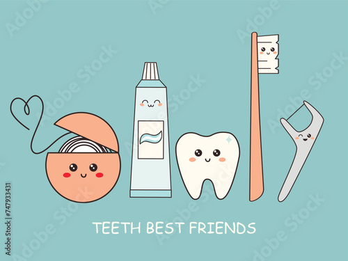 Smiling teeth care product cartoon characters. Poster with toothbrush, toothpaste tube, floss, tooth. Oral hygiene, care, dentistry concept flat vector illustration