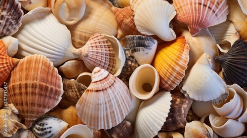 Seashells background. Sea shells texture. Sea shells background. Travel and vacation concept with copy space. Spa Concept.