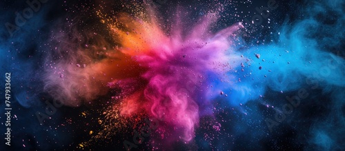 A dynamic explosion of vibrant colored powder, creating a burst of various hues against a stark black backdrop. The powders appear to be in mid-air, suspended in motion, capturing a moment of chaotic