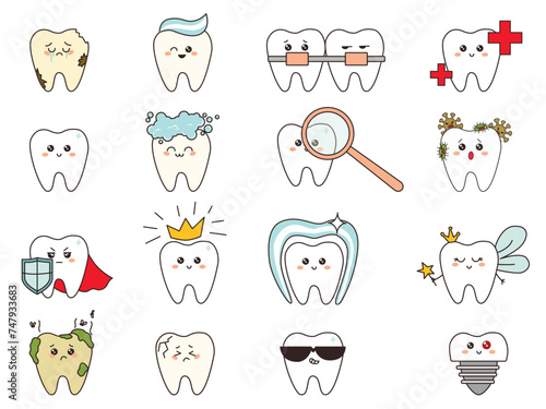 Big set of cute teeth with different emotions set for label design. Cartoon detailed illustrations