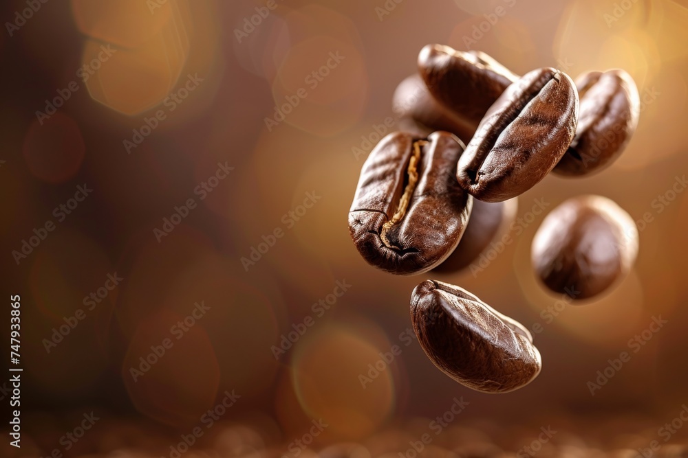Levitating roasted coffee beans on dark background with copy space for text placement - obrazy, fototapety, plakaty 