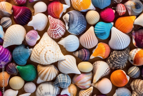 Seashells background. Colorful seashells background. Travel and vacation concept with copy space. Spa Concept.