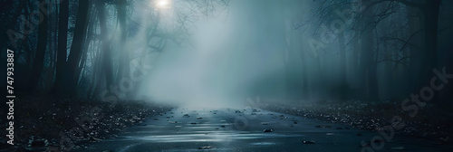 Fog In Spooky Forest At Moon Light On Asphalt - Abstract Bokeh