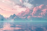 Surreal soft vista of a beautiful mountain sea spectacle, azure sky and a few floating white clouds with a sunset Generative Ai 