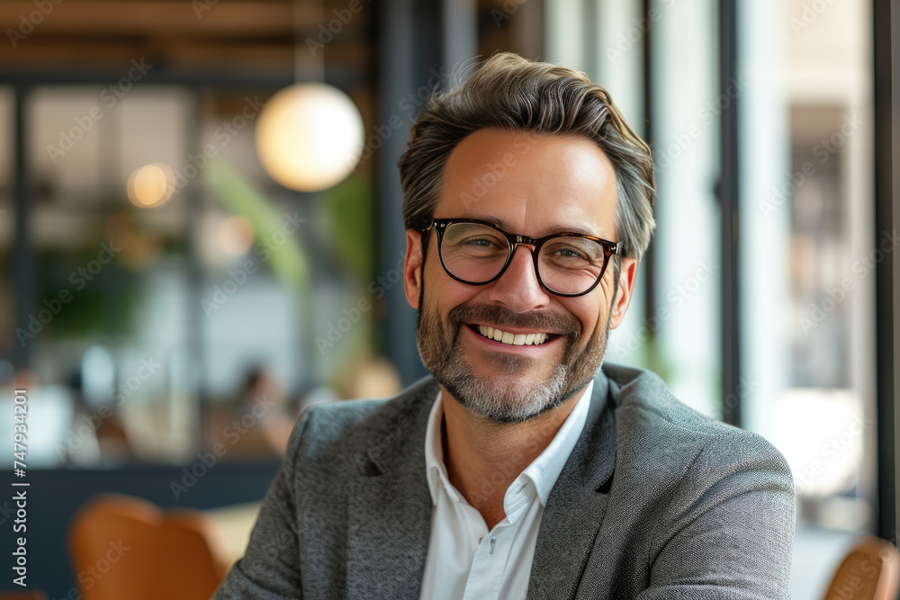 Confident bearded businessman with glasses smiling in modern creative workspace Confident bearded businessman with glasses smiling in modern creative workspace