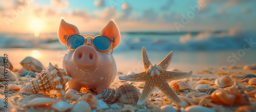 Piggy bank in sunglasses surrounded by starfish and seashell on the beach