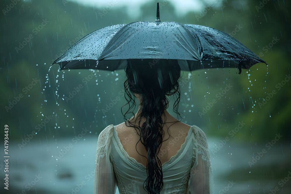 Young woman with umbrella in the rain. Rainy day concept