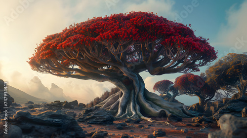 Dragon Blood Tree with the red leaves, imagine of tree. photo
