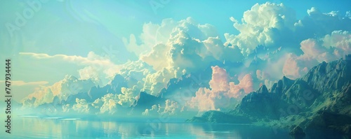 Surreal soft vista of a beautiful mountain sea spectacle, azure sky and a few floating white clouds with a sunset Generative Ai  © LayerAce.com